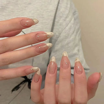 Qfdian 10Pcs Handmade Press on Nails Full Cover Rhinestone Decoration French Almond Ballet Artificial False Nails Manicure Nail Tip